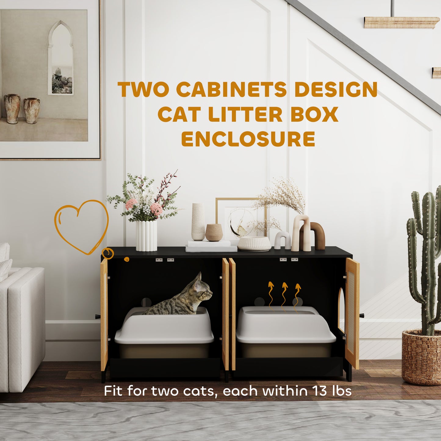 PawHut Cat Litter Box Enclosure w/ 2 Cabinets, Scratching Mats & Trays for 2 Cats or Kittens, Black