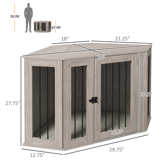 PawHut Corner Dog Crate, Furniture Dog Cages with Cushion for Large-Sized Dog, Indoor Use, Walnut Brown