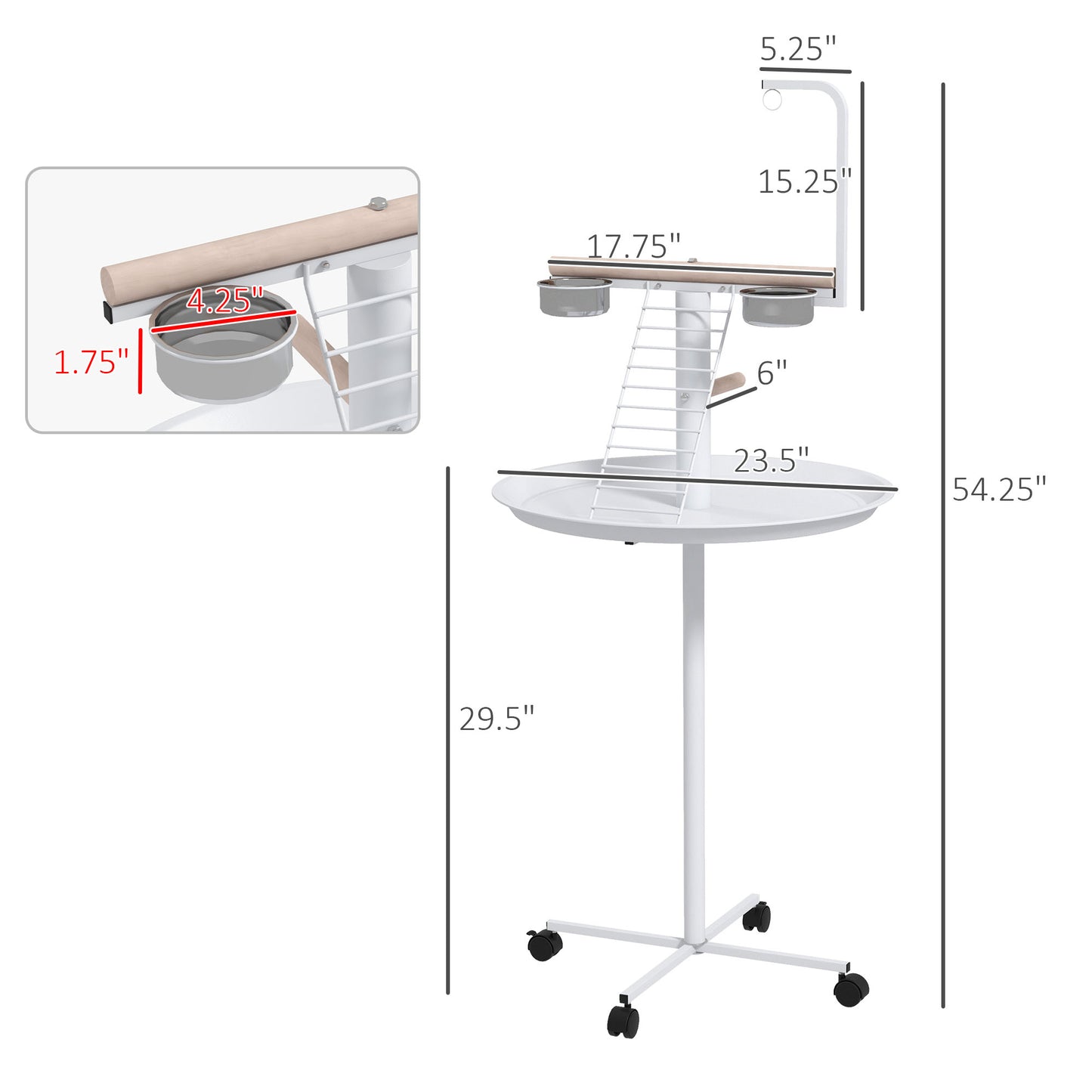PawHut Bird Stand with Wheels, Perches, Feed Bowls, Round Tray for Parrot