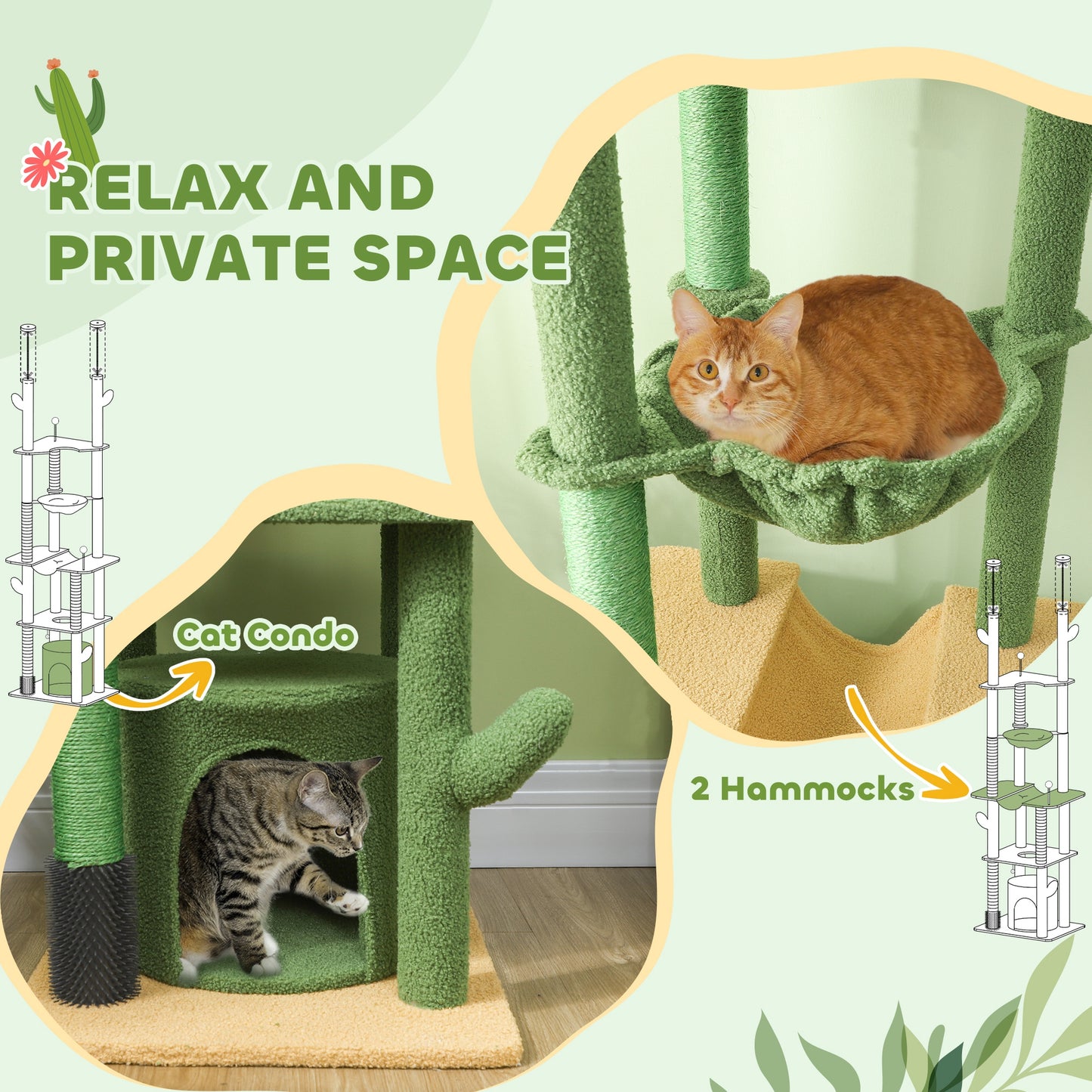 PawHut 89"-100" Floor to Ceiling Cat Tree, Cat Climbing Tower with Grooming Brush Post, Cat Condo, Hammock, Green