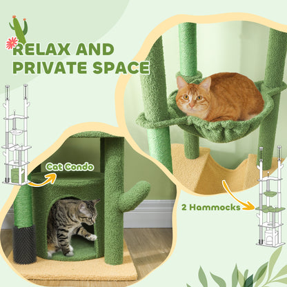 PawHut 89"-100" Floor to Ceiling Cat Tree, Cat Climbing Tower with Grooming Brush Post, Cat Condo, Hammock, Green