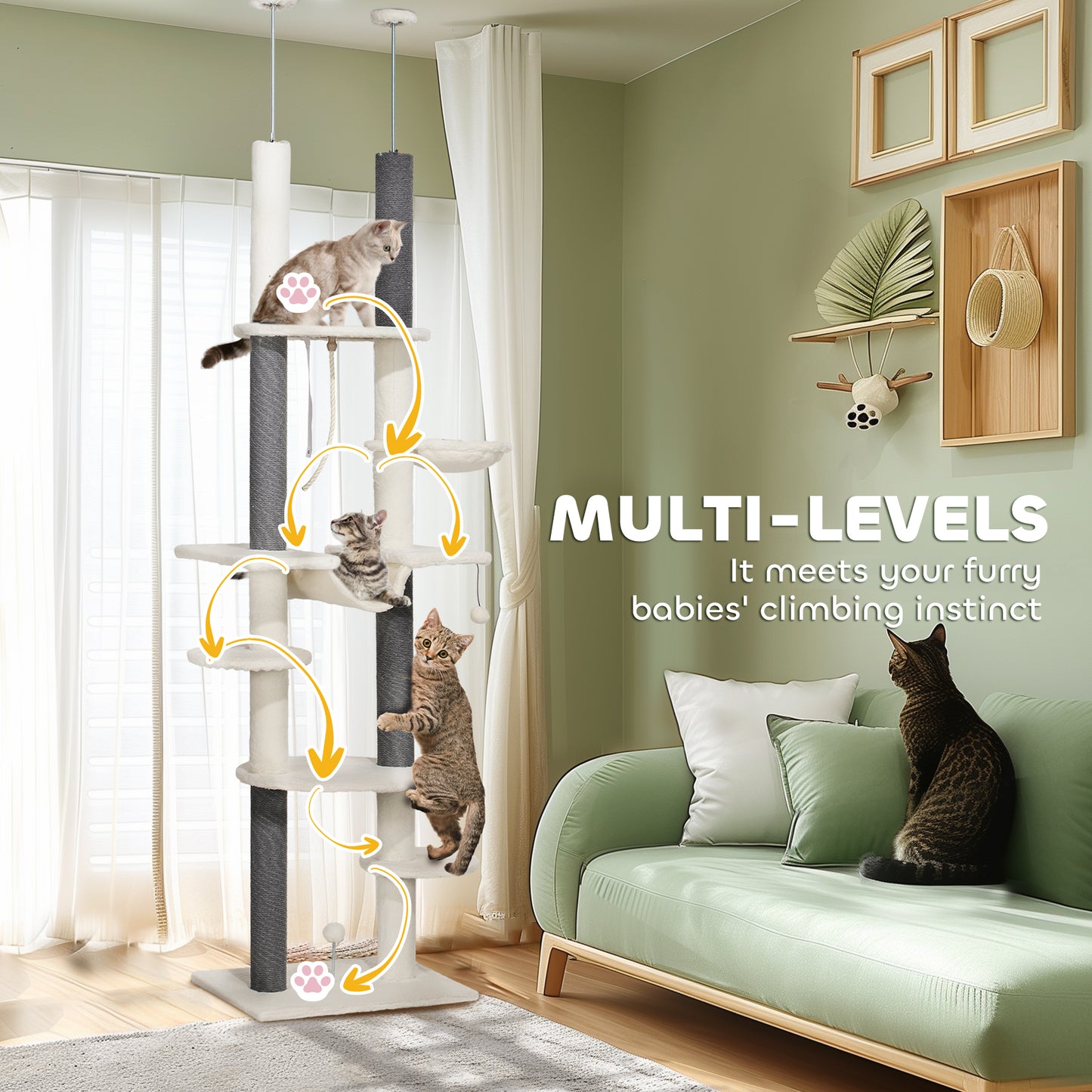 PawHut 89"- 100" Floor to Ceiling Cat Tree with Scratching Posts, Hammock, Perches & Toy Balls, White
