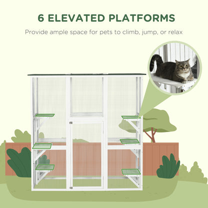 PawHut Outdoor Cat House Big Catio Wooden Feral Cat Shelter Enclosure with Large Spacious Interior, 6 High Ledges, Weather Protection Asphalt Roof, 71" L, White