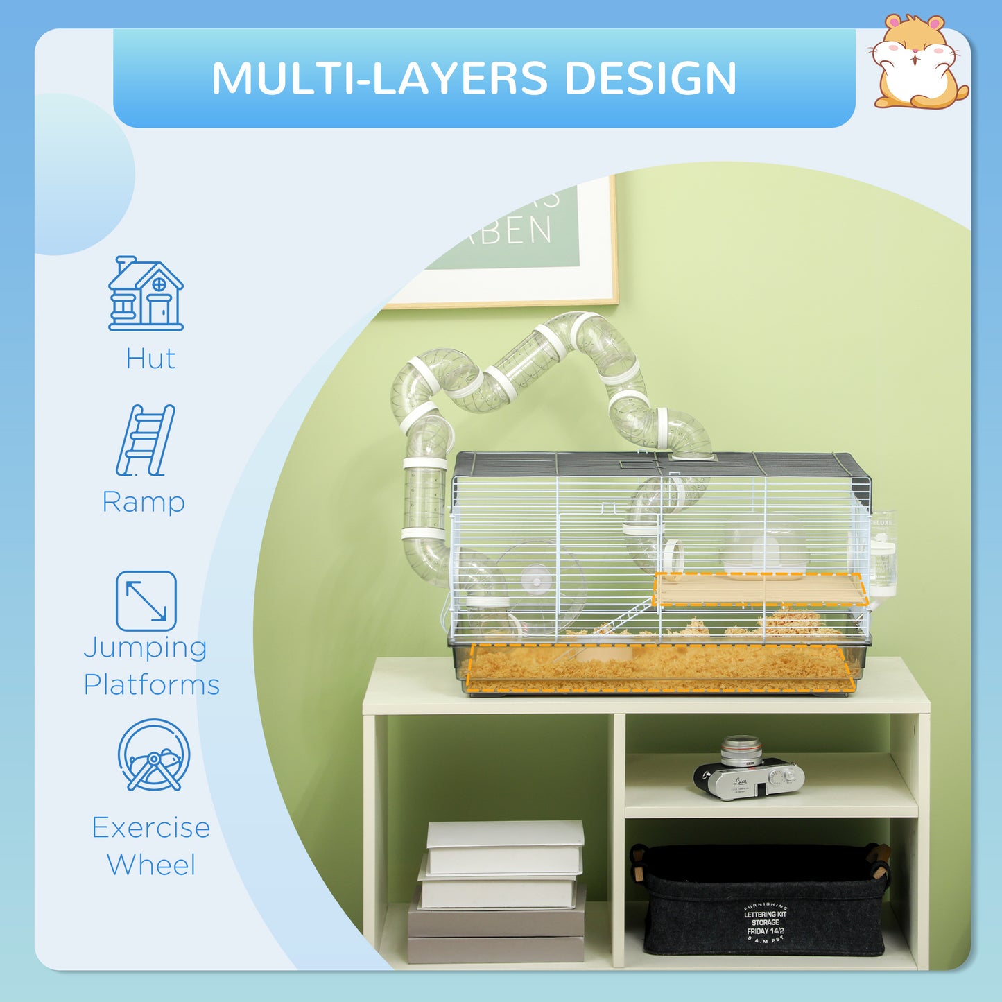 PawHut Small Animal Cage for Gerbil or Dwarf Hamster w/ Tubes, Exercise Wheel, Food Dish, Water Bottle, 23" x 13" x 12", Gray