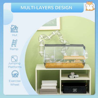 PawHut Small Animal Cage for Gerbil or Dwarf Hamster w/ Tubes, Exercise Wheel, Food Dish, Water Bottle, 23" x 13" x 12", Gray