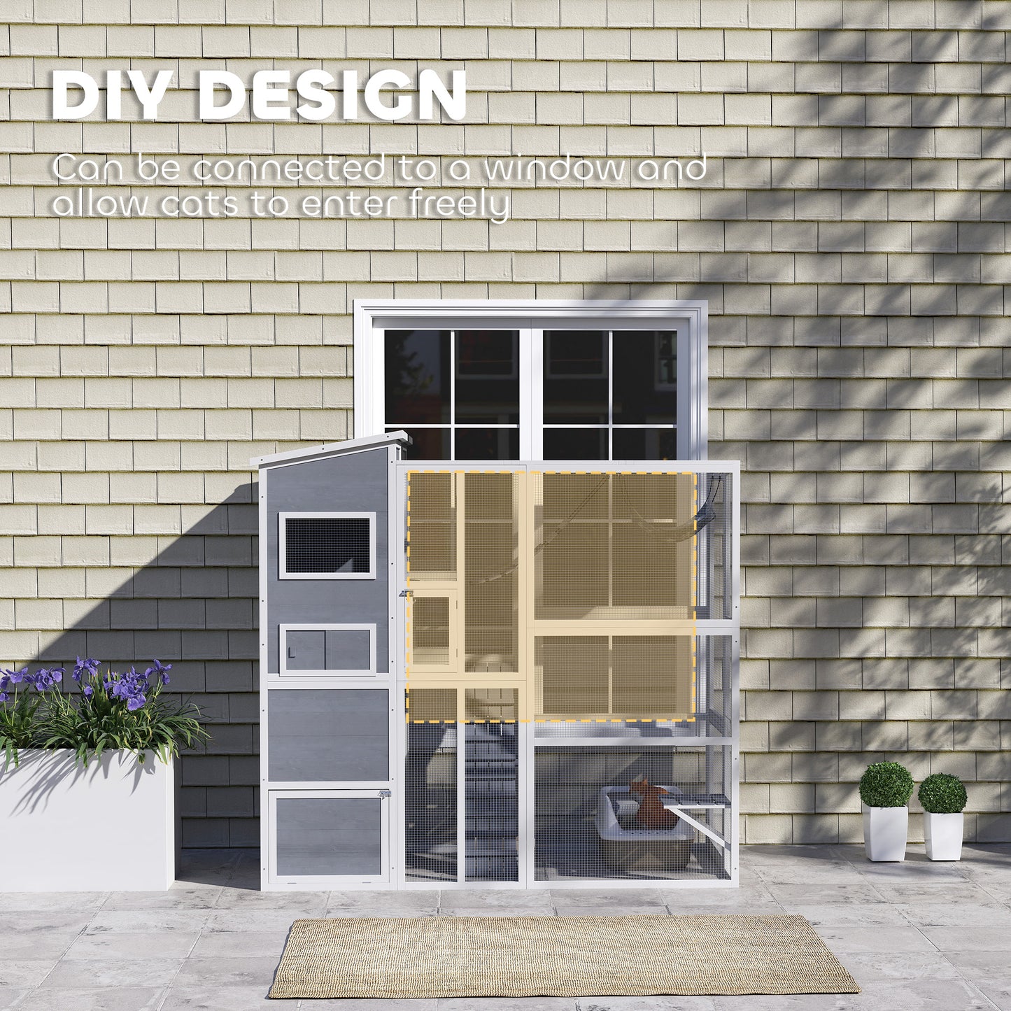 PawHut Large Wooden Catio Outdoor, Cat Enclosure w/ 4 Tier Resting Rooms, 3 Platforms, 1 Soft Ladder, 2 Ramps, 1 Hammock, Gray