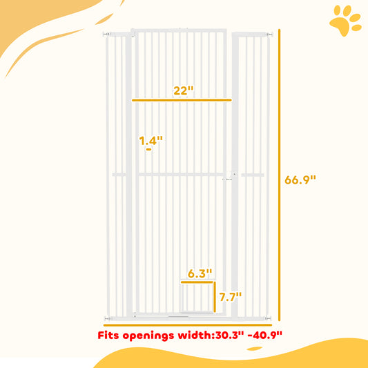 PawHut 67" Extra Tall Pet Gate, 30"-41" Dog Gate with Cat Door, 1.4" Narrow Gap, 2.8" and 5.5" Extension, for Doorway, Hallway