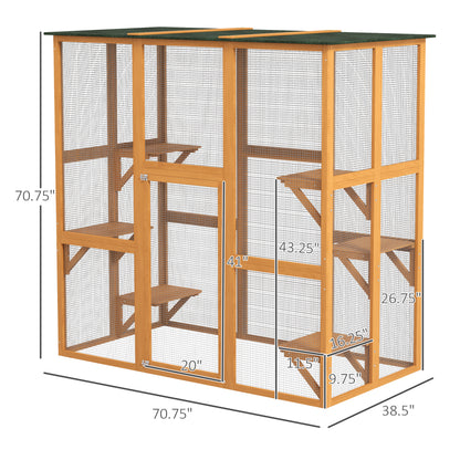 PawHut Outdoor Cat House Big Catio Wooden Feral Cat Shelter Enclosure with Large Spacious Interior, 6 High Ledges, Weather Protection Asphalt Roof, 71" L, Orange