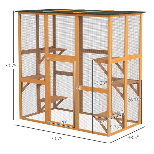 PawHut Outdoor Cat House Big Catio Wooden Feral Cat Shelter Enclosure with Large Spacious Interior, 6 High Ledges, Weather Protection Asphalt Roof, 71" L, Orange