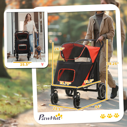 PawHut Dog Stroller for Large Medium Small Dogs up to 66 Lbs. 23.5" in Body Length, One-Click Foldable Pet Cat Stroller with Storage, Shock Absorption Wheels, Mesh Window, Safety Leash, Red