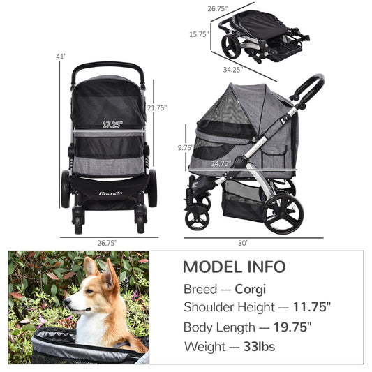 PawHut Pet Stroller Foldable Dog Cat Travel Carriage with Adjustable Handlebar PVC Wheel Brake Storage Bag Mesh Window Safety Leash Aluminum Grey