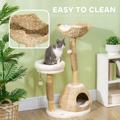 PawHut 41" Cat Tree for Indoor Cats with Wooden Cat Scratching Posts, Cat Condo, Cat Beds & Toy Balls, Cream White