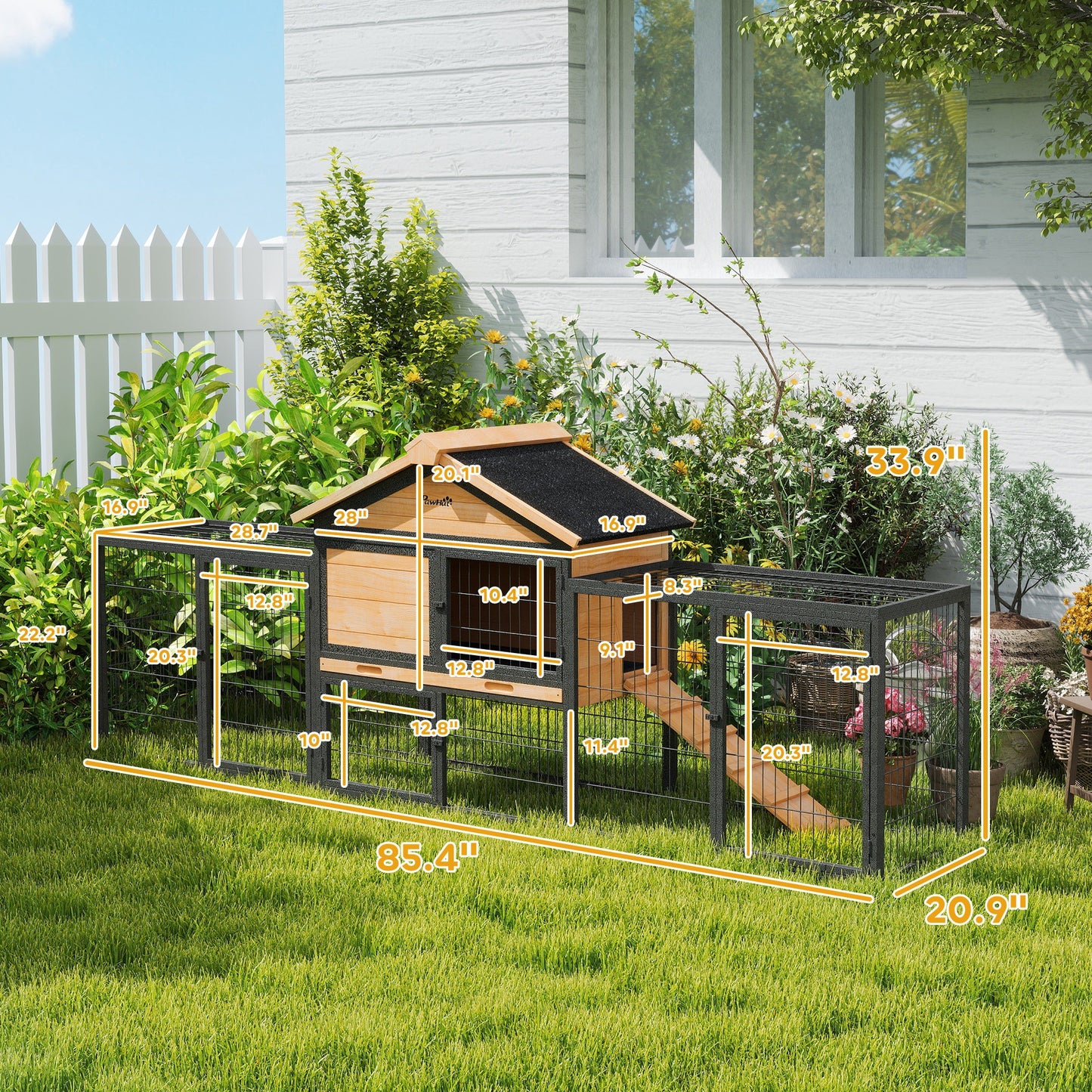 PawHut Wooden Rabbit Hutch Outdoor, 85" w/Steel Run, Asphalt Roof & Ramp
