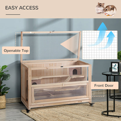 PawHut 3-Tier Wooden Hamster Cage, Small Animals Hutch with Ladders, Natural