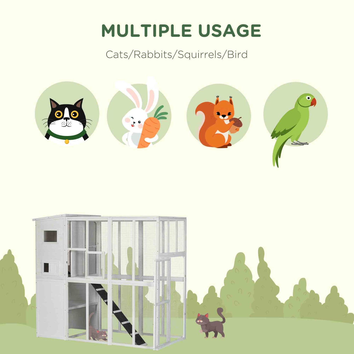 PawHut Wooden Outdoor Catio with Platforms, Asphalt Roof, Ramps, White