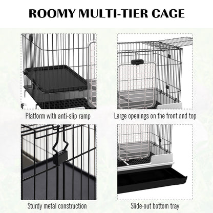 PawHut 2-Level Small Animal Cage Rabbit Hutch with Wheels, Removable Tray, Platform and Ramp for Bunny, Chinchillas, Ferret, Black