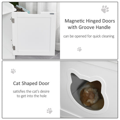 PawHut Wooden Cat Litter Box Enclosure, Hidden Cat Washroom, Kitten House with Nightstand End Table and Storage Rack Magnetic Doors, White