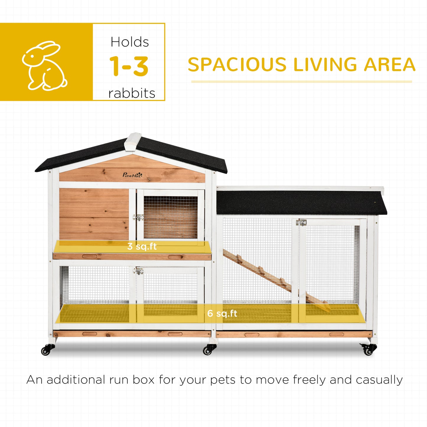 PawHut 62" Wooden Mobile Rabbit Hutch with Wheels, Run Box, Slide-out Tray, Ramp, Yellow