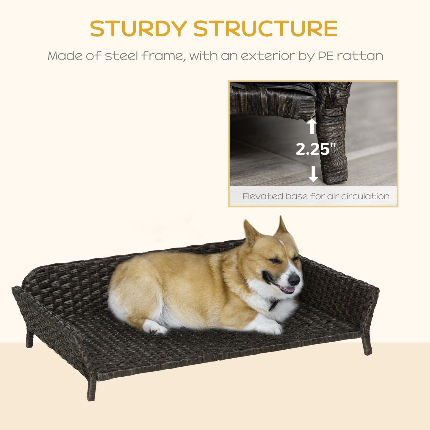 PawHut Elevated Rattan Dog Bed with Steel Frame, Handwoven Wicker Pet Bed with Water Resistant Cushion, Dog Bed Outdoor for Large Medium Dog, Charcoal Gray