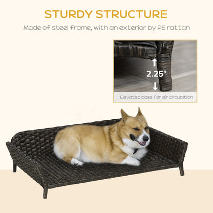 PawHut Elevated Rattan Dog Bed with Steel Frame, Handwoven Wicker Pet Bed with Water Resistant Cushion, Dog Bed Outdoor for Large Medium Dog, Charcoal Gray