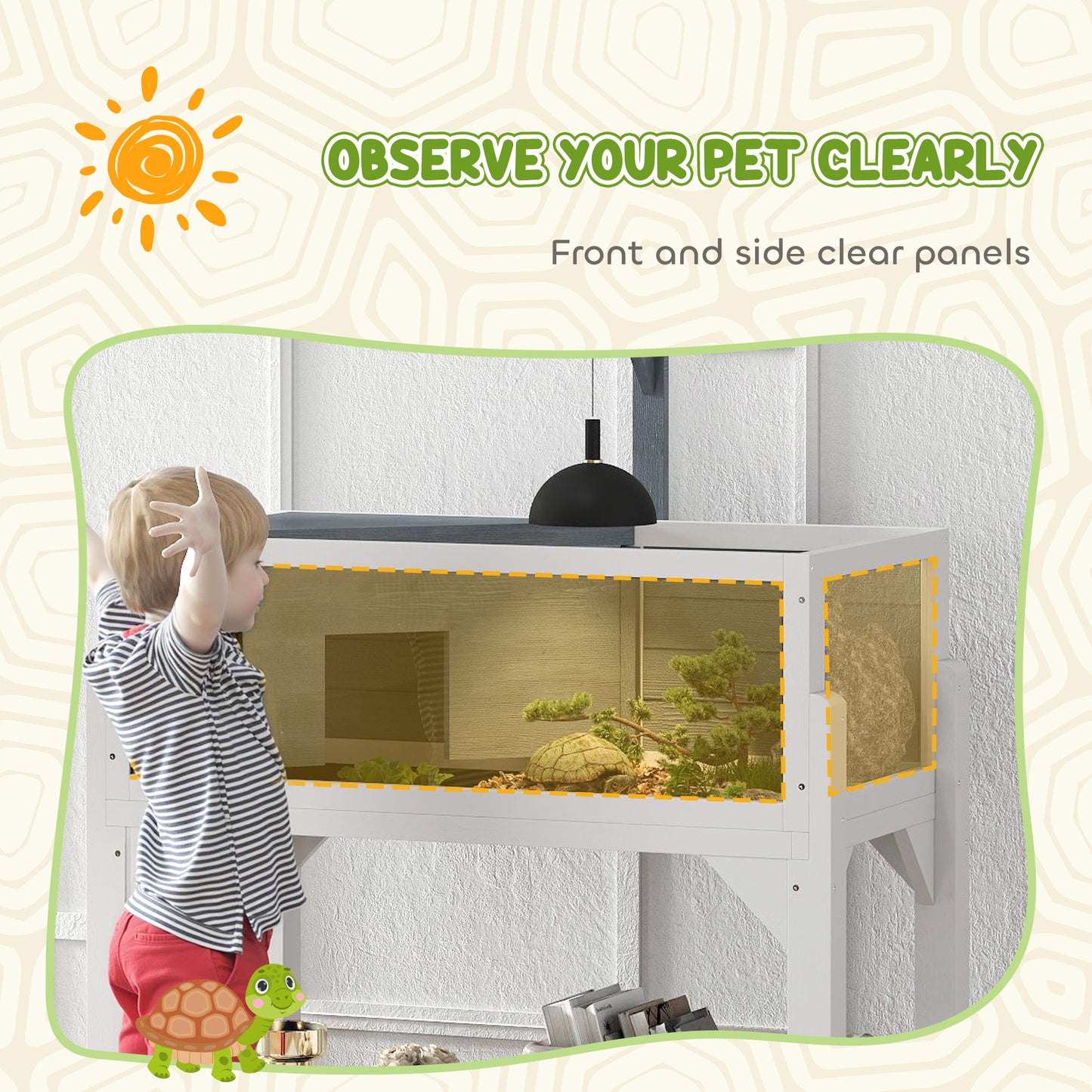 PawHut Wooden Tortoise Habitat with Storage Shelf, Tortoise Enclosure with Clear Windows, Openable Top, Lamp Holder, Gray