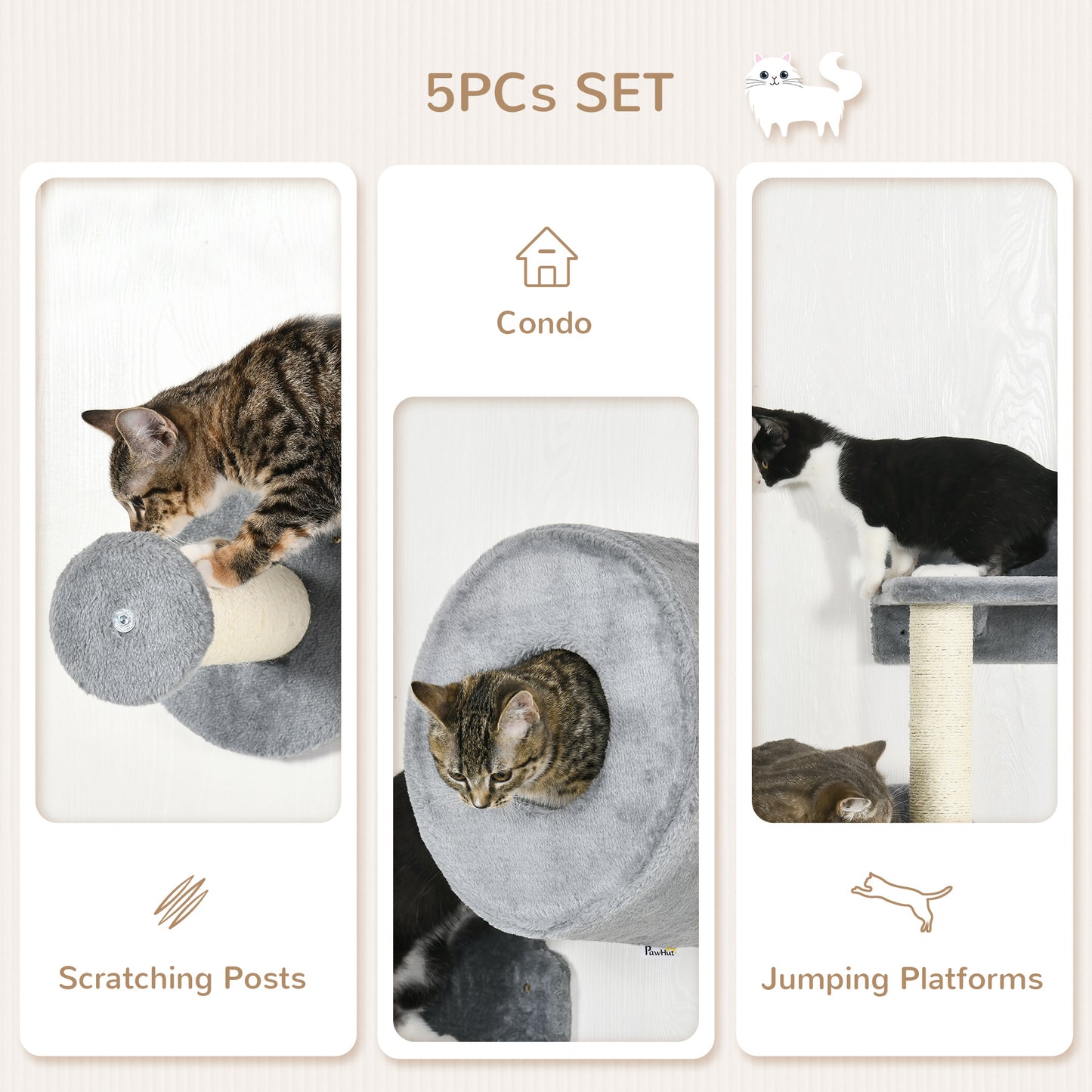 PawHut 5PCs Cat Wall Shelves, Pet Wall-mounted Climbing Shelf Set, Kitten Activity Center with Condo, Cushion, Scratching Post, Jumping Platform, Gray