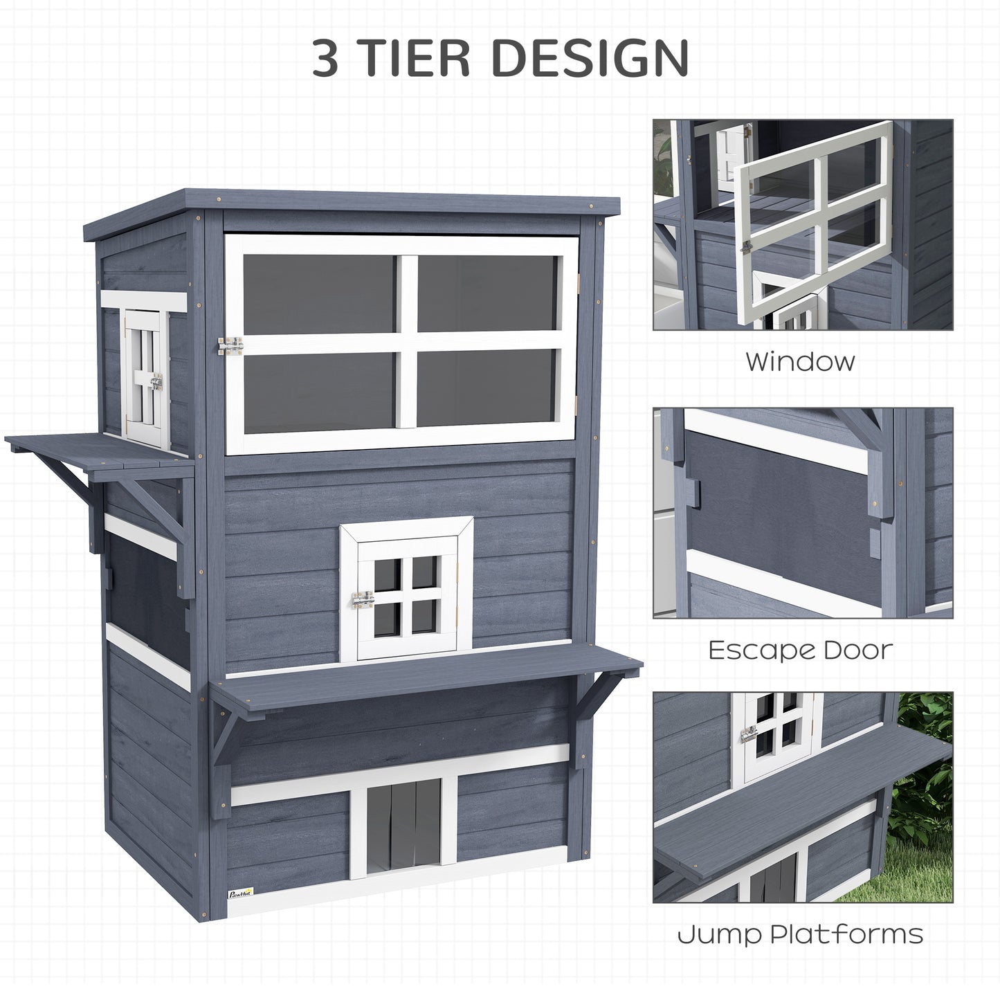 PawHut Cat House, Outdoor 3-Tier Kitty Shelter, Weather Resistant, w/ Escape Door