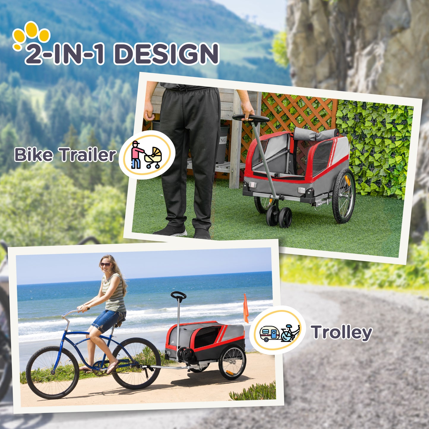 Dog Bike Trailer 2-in-1 Travel Dog Stroller, Bike Cargo Trailer, Small Pet Bicycle Cart Carrier with Universal Coupler, Safety Leash, and Easy Fold Design, Red