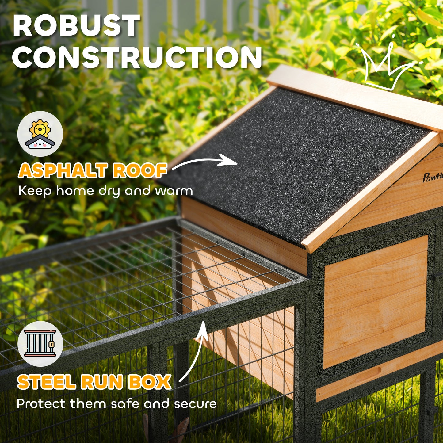 PawHut Wooden Rabbit Hutch Outdoor, 85" w/Steel Run, Asphalt Roof & Ramp