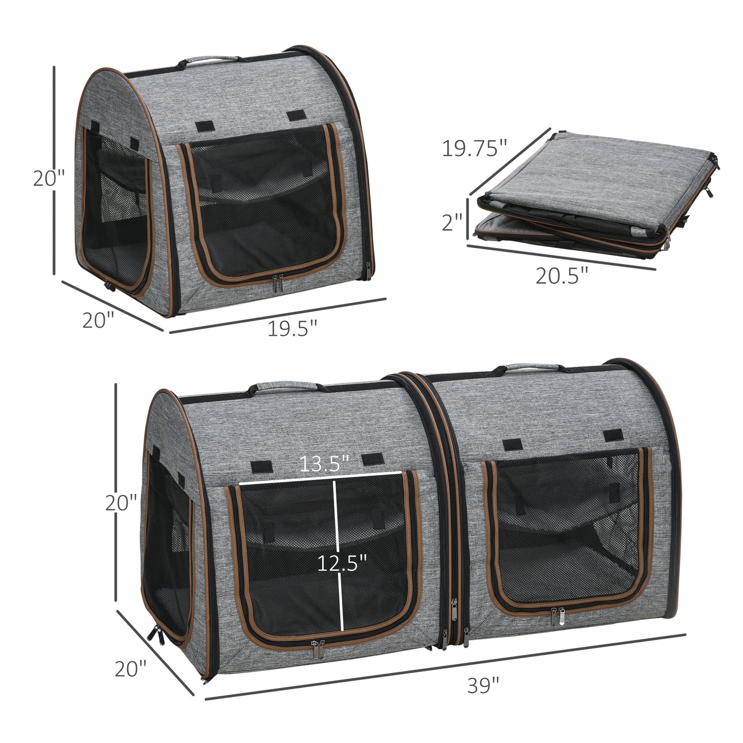 PawHut 39" Portable Soft-Sided Cat Carrier, Cat Kennel, Travel Dog Crate with Divider, Two Compartments, Soft Cushions & Storage Bag, Easy to Fold, Light Gray