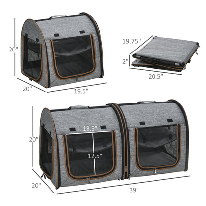 PawHut 39" Portable Soft-Sided Cat Carrier, Cat Kennel, Travel Dog Crate with Divider, Two Compartments, Soft Cushions & Storage Bag, Easy to Fold, Light Gray