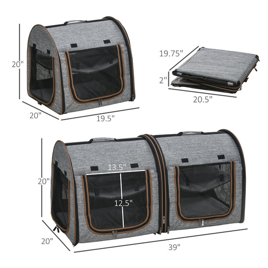 PawHut 39" Portable Soft-Sided Cat Carrier, Cat Kennel, Travel Dog Crate with Divider, Two Compartments, Soft Cushions & Storage Bag, Easy to Fold, Light Gray