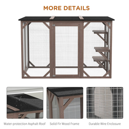 PawHut Outdoor Cat House, Catio Wooden Feral Cat Shelter, Cat Cage with Platforms, Large Enter Door, Weather Protection Asphalt Roof, 71" L, Brown