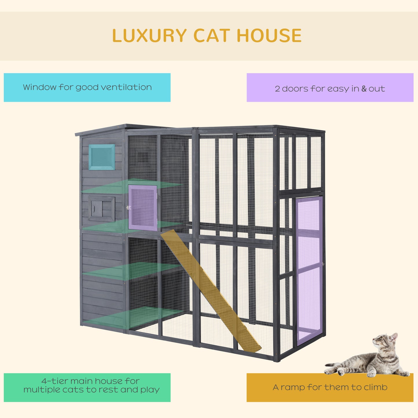 PawHut Wooden Outdoor Catio with Platforms, Asphalt Roof, Ramps, Gray