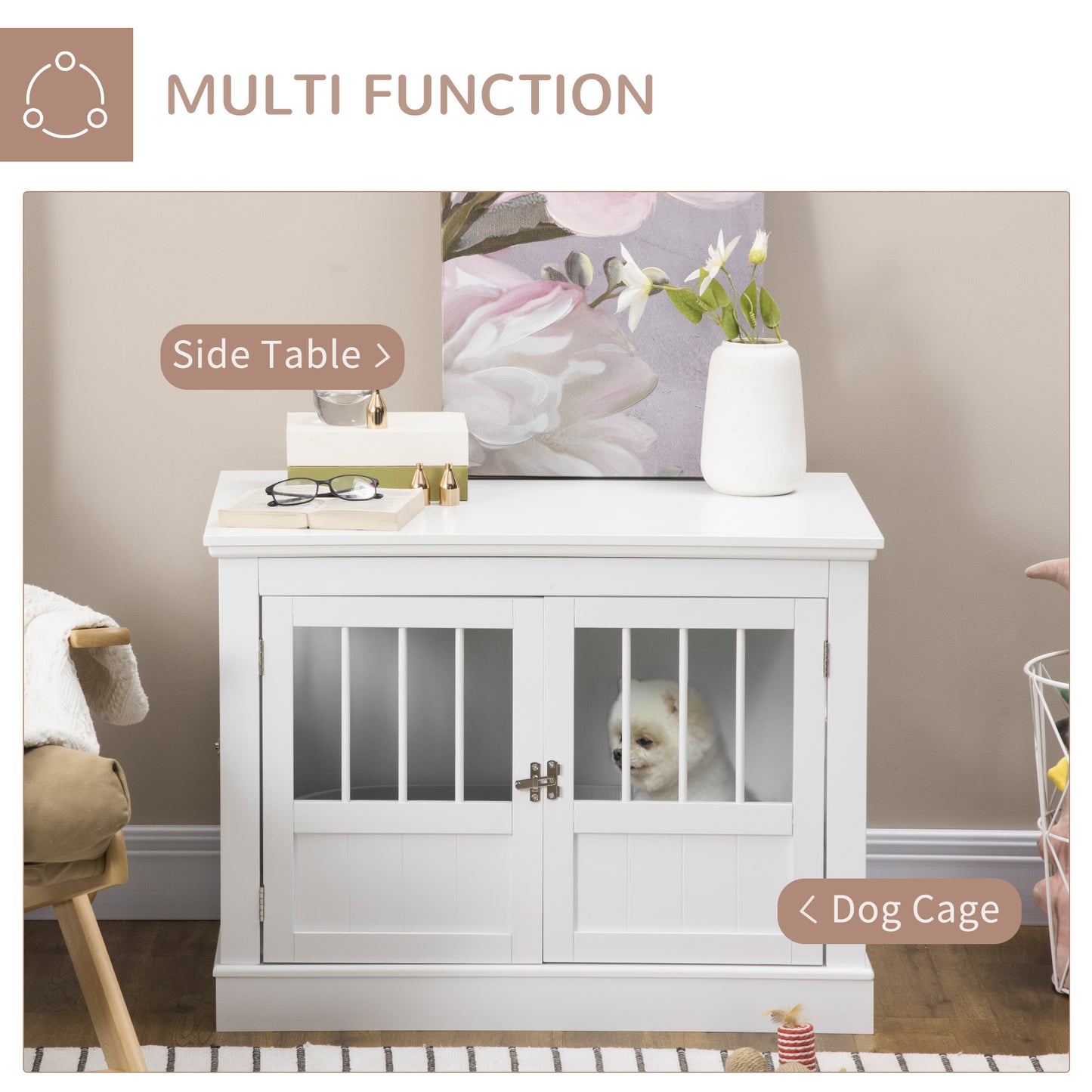 PawHut Wooden Dog Crate End Table, Dog Crate Furniture with Triple Doors, Puppy Crate for Small Dogs Indoor Use, White