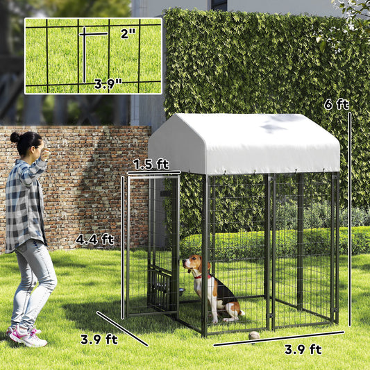PawHut Welded Wire Outdoor Dog Kennel with 360° Rotating & 4 Levels Adjustable Bowls, Waterproof Cover, 3.9' x 3.9' x 6'