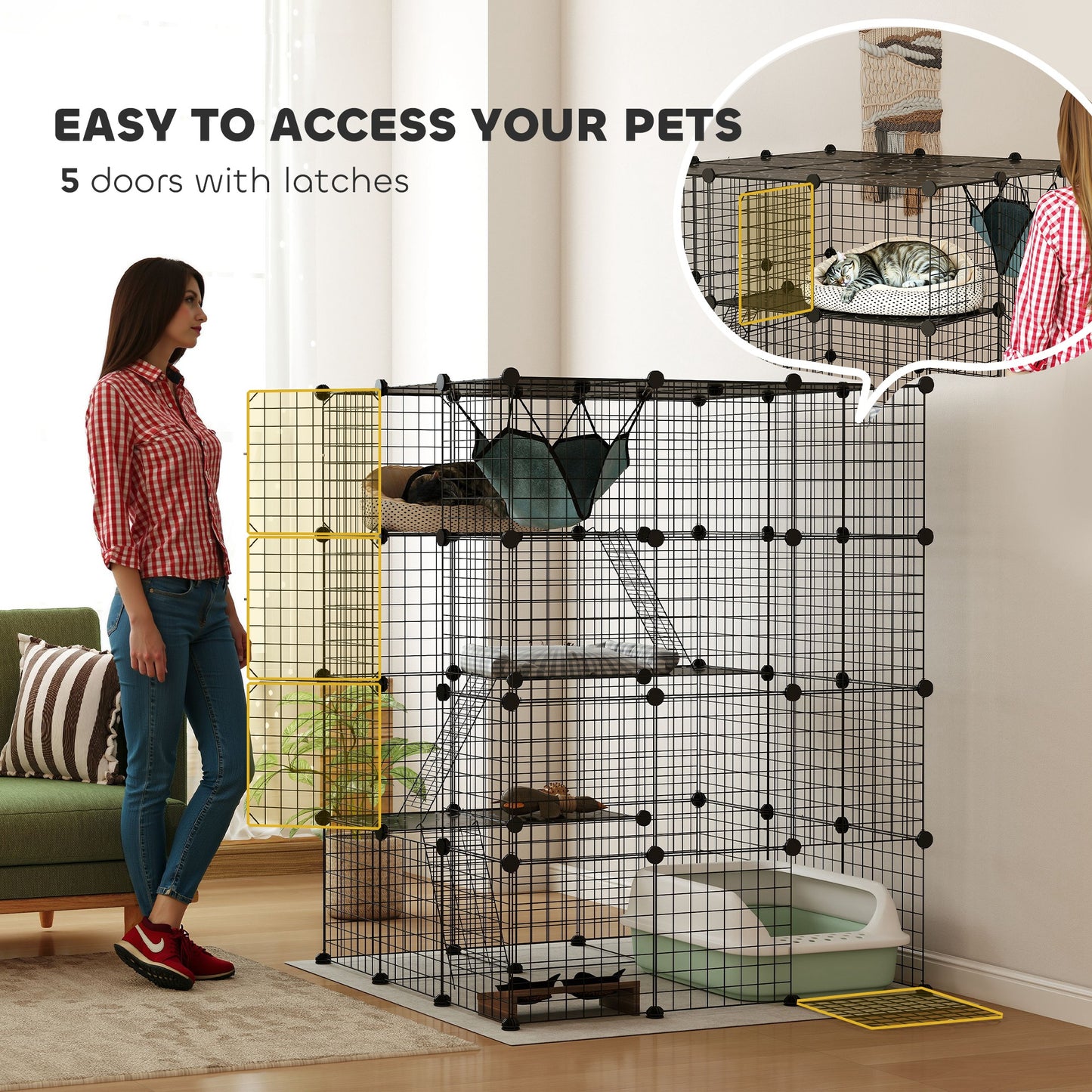 PawHut DIY 4 Tier Cat Cage Indoor with Hammock, Ramps, Jumping Platforms, Doors, Cat Enclosure for 1-3 Cats, 3 x 3 x 4, Black