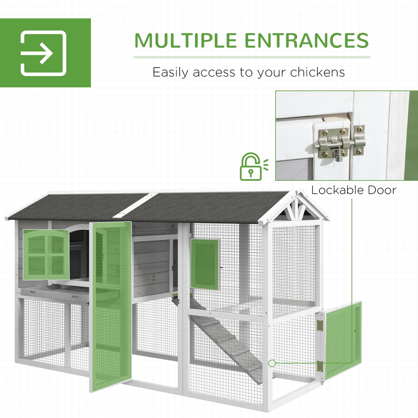 PawHut Wooden Chicken Coop with Run for 3 - 4 Chickens, Hen House with Nesting Box, Removable Tray, Outdoor Poultry Cage, 77.5" x 32.5" x 46", Light Gray