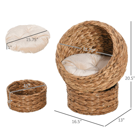 PawHut 20" Natural Braided Banana Leaf Elevated Cat Bed Basket with Cushion - Brown