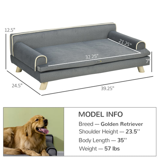 PawHut Dog Bed, Large Dog Couch with Washable Cover, Wooden Legs, Elevated Fancy Foam Pet Sofa for Medium & Large Breeds, Gray