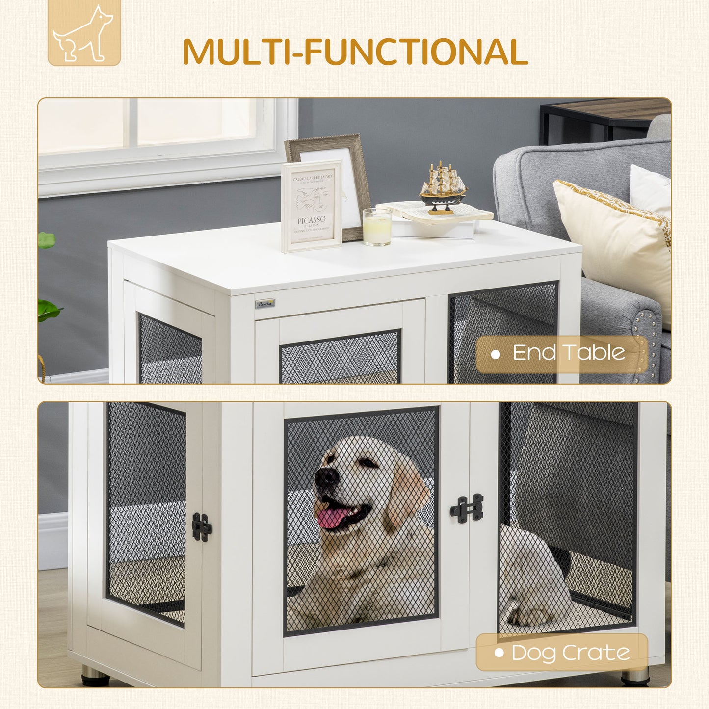 PawHut 37" Dog Crate Furniture with Cushion, Double Doors for Large Dogs, White