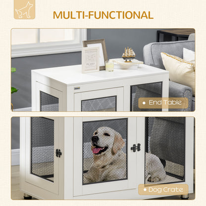 PawHut 37" Dog Crate Furniture with Cushion, Double Doors for Large Dogs, White