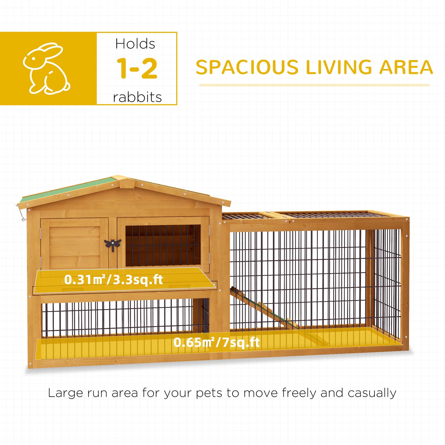 PawHut 2 Level 59" Outdoor Rabbit Hutch with Openable Top, Yellow