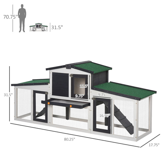 PawHut Wooden Large Rabbit Hutch with Double Runs, Removable Tray, Ramps, Roof, 78" x 19" x 34", Outdoor Use, Gray