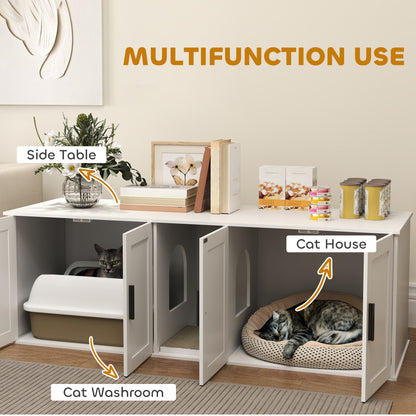 PawHut Double Cat Litter Box Enclosure w/ Scratching Mat – White (57")