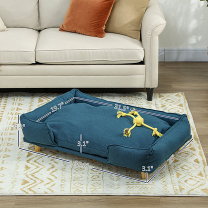 PawHut Raised Dog Couch with Comfortable Cushion, Pine Wood Legs, Foot Pads for Large-Sized Dogs Indoor Use, Dark Blue