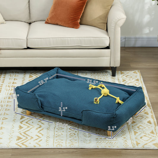 PawHut Raised Dog Couch with Comfortable Cushion, Pine Wood Legs, Foot Pads for Large-Sized Dogs Indoor Use, Dark Blue