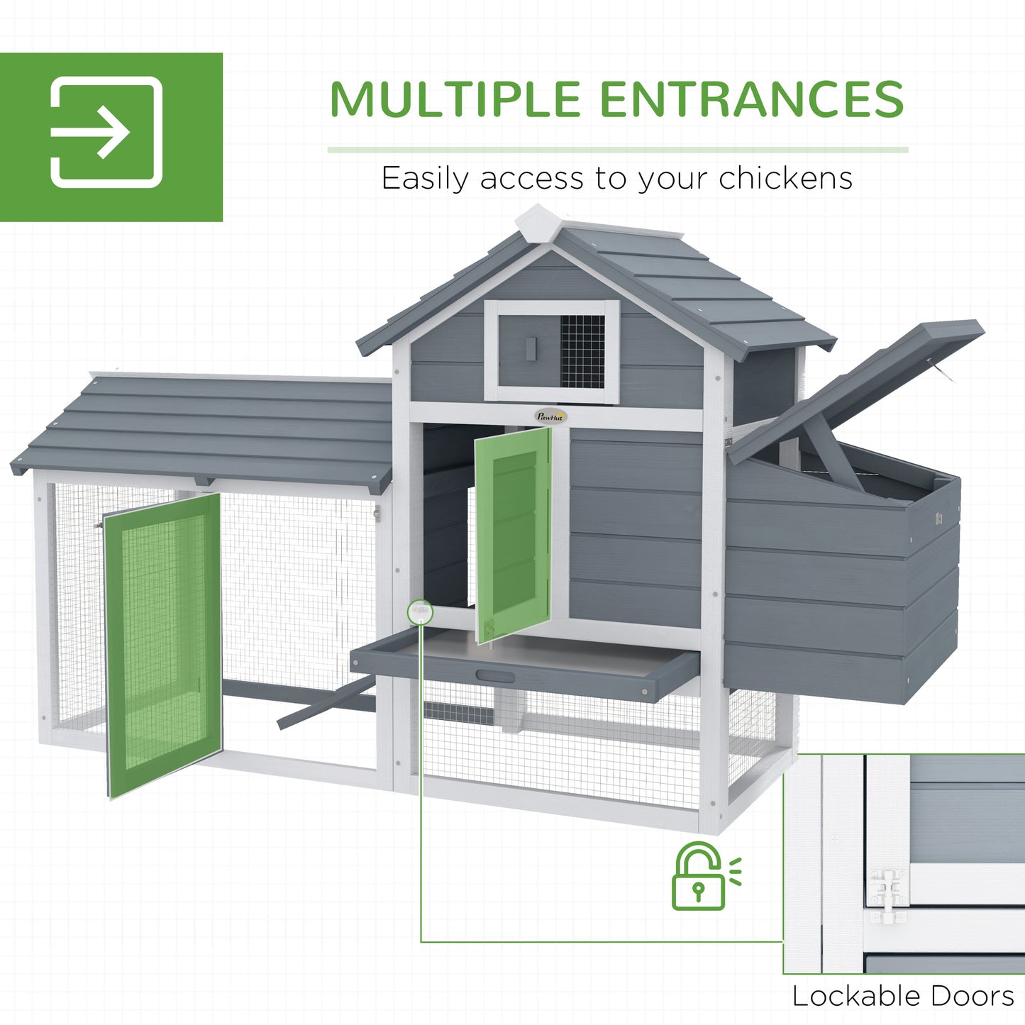 PawHut 59" Small Wooden Chicken Coop Hen House Poultry Cage for Outdoor Backyard with 2 Doors, Nesting Box and Removable Tray, White