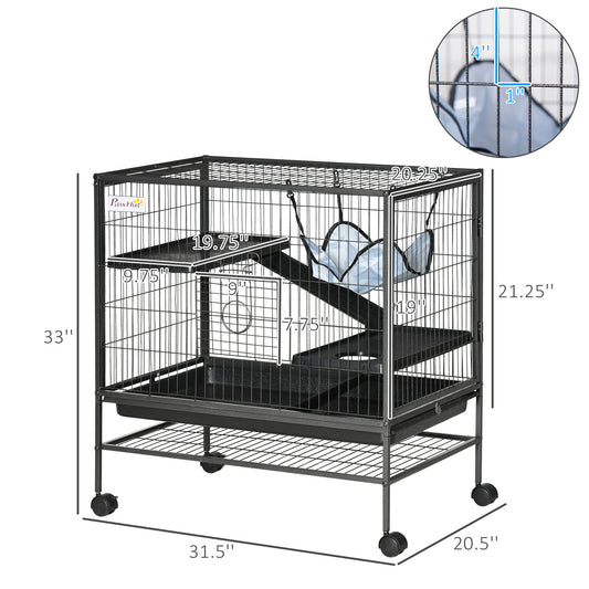 PawHut Small Animal Cage with Wheels, Pet Playpen for Rat, Syrian Hamster, Kitten, Ferrets, Chinchillas with Bottom Storage Shelf, Removable Tray, Ramp, 31.5" x 20.5" x 33.1"