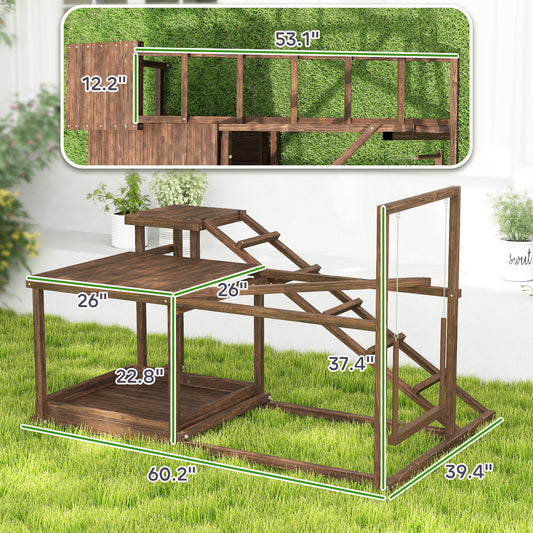 PawHut Wooden Chicken Activity Play Set with Perch, Swing, Ladder, Platforms, Feeder Storage, Coffee